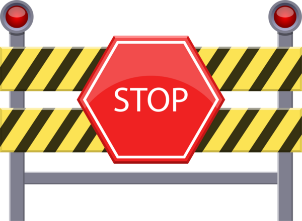 Это изображение имеет дорожный блок с желтыми и черными полосами предосторожности. На нем установлен знак "стоп" с красными сигнальными огнями сверху для видимости..