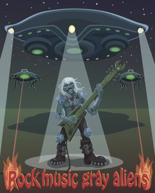 Rock müzisyen gri uzaylı çalış gitar / Rock müzisyen uzaylı gitar çalar, Ufo gemi oluşturur aydınlatma yardımcıları robotlar ışınları ışık efekti oluşturmak! 