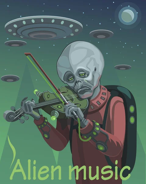 外星灰色演奏小提琴 外星人灰色演奏小提琴他的音乐渗透到每一个心灵的生物和触摸喜悦的感觉 — 图库矢量图片