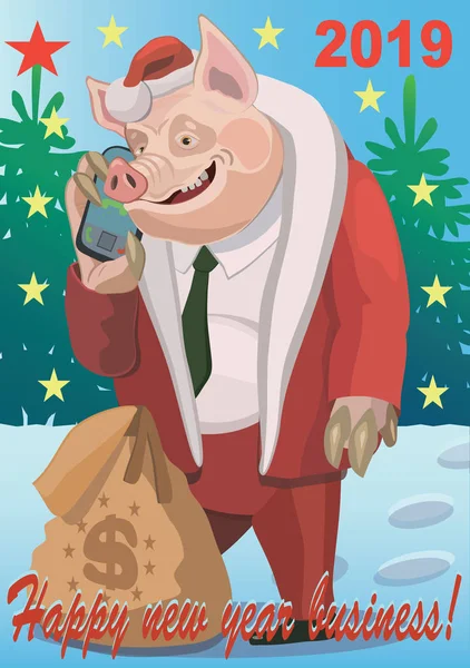 Mutlu yeni yıl 2019 iş! / domuz bir çanta dolusu para, bir cep telefonuyla konuşurken tebrik önümüzdeki yeni yıl 2019 tarihinde tüm dünya!