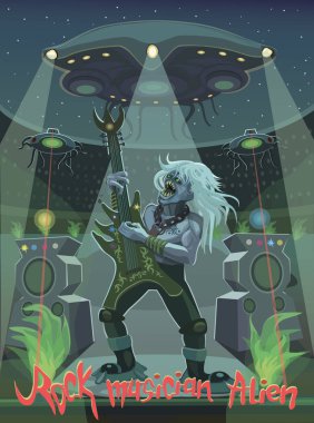 Rock müzisyen uzaylı Stadı'nda gitar çalar / Rock müzisyen uzaylı uzaylı gitar, Ufo gemi ışıklar ve müzik heyecanı yapar muhteşem ve güzel çalıyor.! 