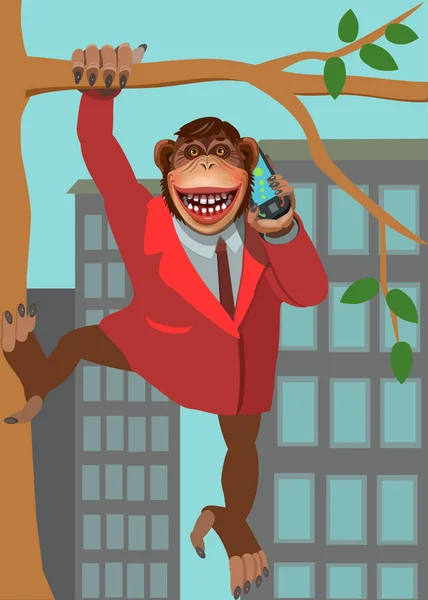 Macaco Pendurado Uma Árvore Falando Telefone Celular Sorrindo Fazer Protetor — Vetor de Stock