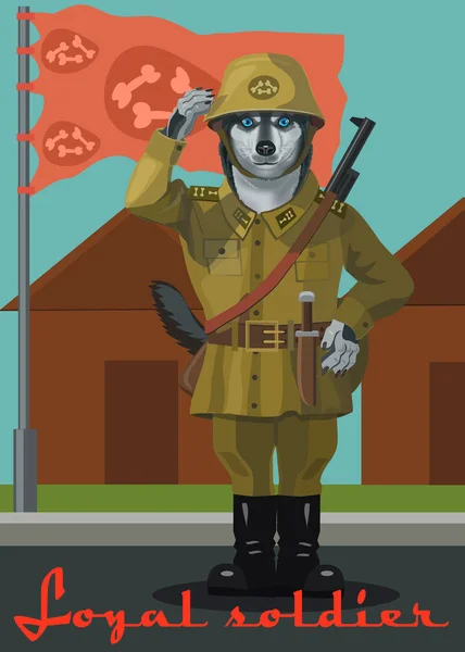 Asker köpek Husky, nöbet tutuyor, bayrağı kaldırırken selamlıyor, sadık ve sadık bir asker.!