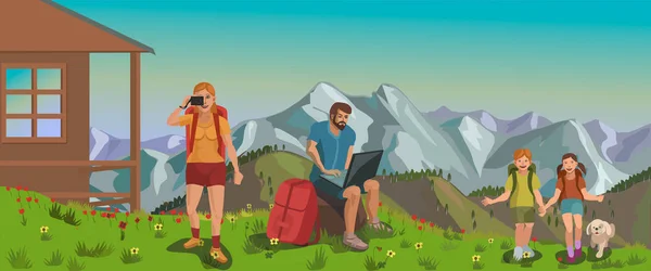 Dağlarda dinlenen çocuklu genç bir aile temiz hava ve karlı dağların güzelliği var, internette arkadaşlarıyla yazışıyor lar ve gördüklerinin güzelliğini paylaşıyorlar.!