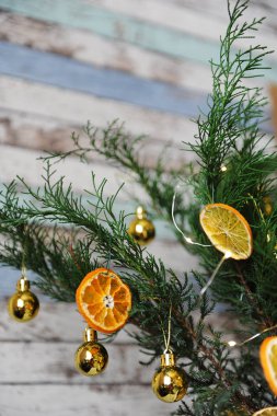 Bir tencerede küçük Noel ağacı ardıç. Küçük altın top, narenciye ve hafif Garland kurutulmuş dilimleri ile dekore edilmiş