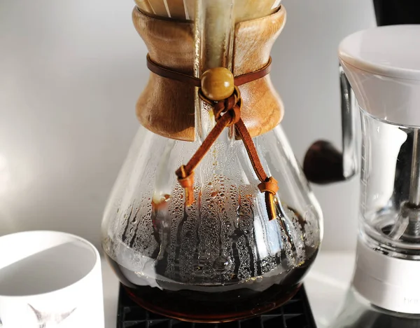 Freshly Brewed Drip Coffee Close Sun Rays Manual Coffee Grinder — Stock Photo, Image
