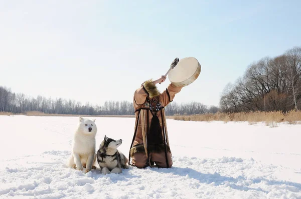Északi sámán veri csörgődob teljesítő hívások tavaszi szertartás. Husky kutyák. Téli táj — Stock Fotó
