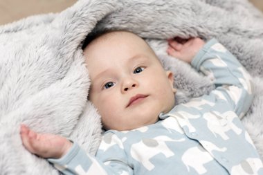 Gri yumuşak battaniyenin üzerinde bir bebek var. Yatakta yatan yeni doğmuş bir bebeğin portresi.