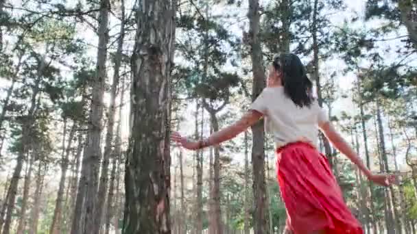 A young beautiful woman is happily running among numerous pine trees in the woods. View from the back — Stock Video