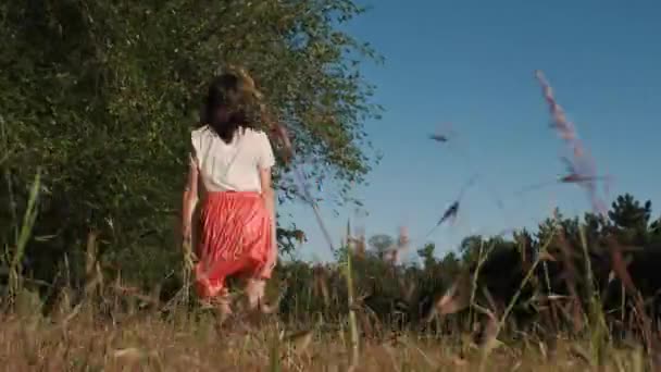 A beautiful young woman walks and hops in the woods, raising her hands and touching the branches of the trees — Stock Video