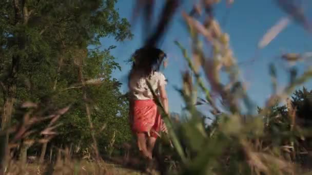 Une belle jeune femme se promène joyeusement et saute dans les bois — Video