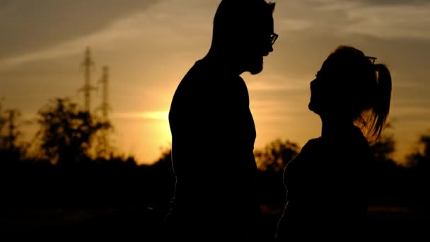 Die Silhouette eines liebenden Paares. Der junge Mann kommt zu einer jungen Frau und umarmt sie. sie stehen ehelos und halten Händchen — Stockvideo