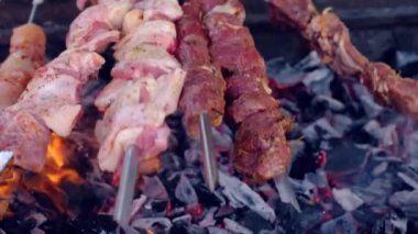 Etli birkaç şişleri kaldırılır mangal kömür karıştırın formu