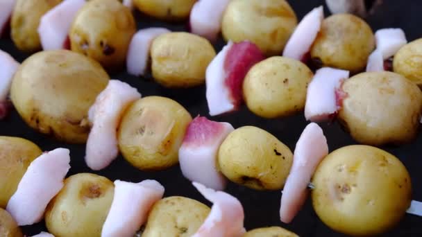 Las patatas y la manteca de cerdo en los pinchos están listos para ser cocinados. Comida callejera — Vídeos de Stock