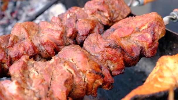 Uma Vista Carne Apetitosa Bem Cozida Espetos Deitada Braseiro Fumegante — Vídeo de Stock