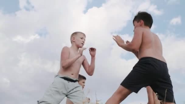 View Two Young Sportsmen Figting Training Outdoors — Stock Video