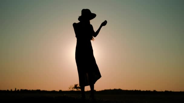 A sziluettje egy fiatal nő, egy kalap és a hosszú ruha, stansing, és rögzítése a haját egy mező ellen a lenyugvó nap — Stock videók