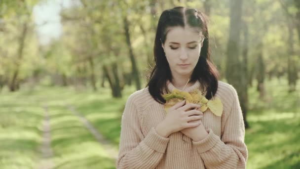 Retrato de una mujer joven y hermosa. Morena. Chica en un suéter y hojas de otoño en sus manos. Movimiento lento . — Vídeos de Stock