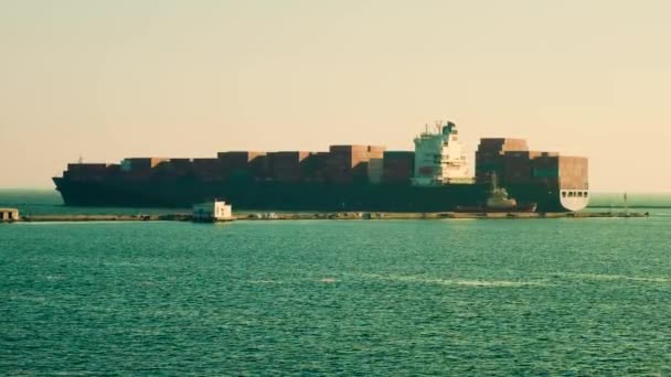 De sleepboot van de zee op de achtergrond van een zwevende groot vrachtschip. — Stockvideo