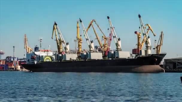 Le gru caricano il carico sulla nave. Tempo accelerato di caricamento del carico su una nave marittima — Video Stock