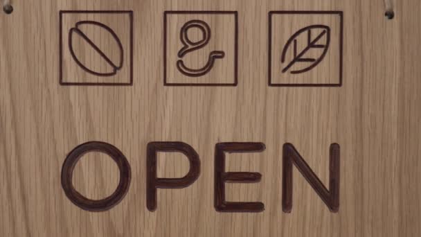 Segno Legno Con Parola Open Piccole Icone Caffè Sulla Parete — Video Stock