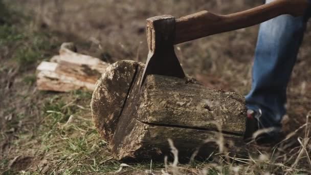 斧头卡在木头里 — 图库视频影像