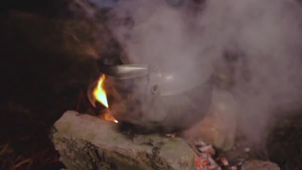 Eau bouillante dans la bouilloire, qui est mis au-dessus du feu dans la forêt — Video