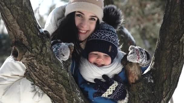 Retrato de uma jovem mãe com seu filho 3-4 anos no inverno em um parque coberto de neve nos ramos de uma árvore — Vídeo de Stock