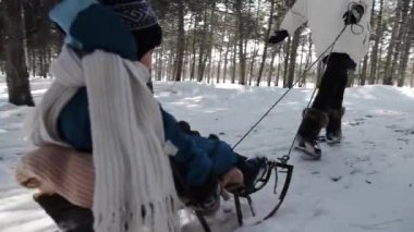 Genç aktif anne bir kış parkında çocuğuna bir kızak çeker