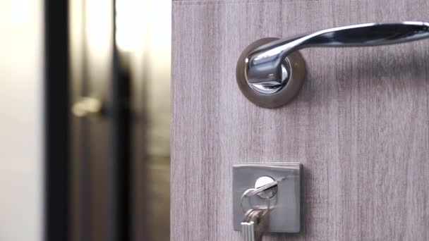 Entrance doors with a handle and keys in the lock — Stock Video