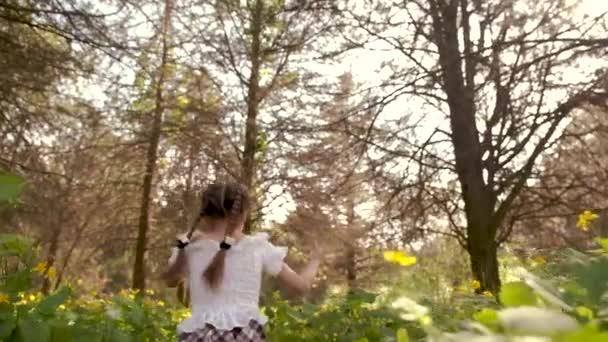 Una chica solitaria corre entre la hierba alta y las flores en el bosque. Vista de ángulo inferior desde la parte posterior . — Vídeos de Stock