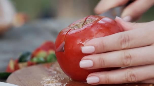 Řezání rajčat. Close-up. Zpomaleně. — Stock video
