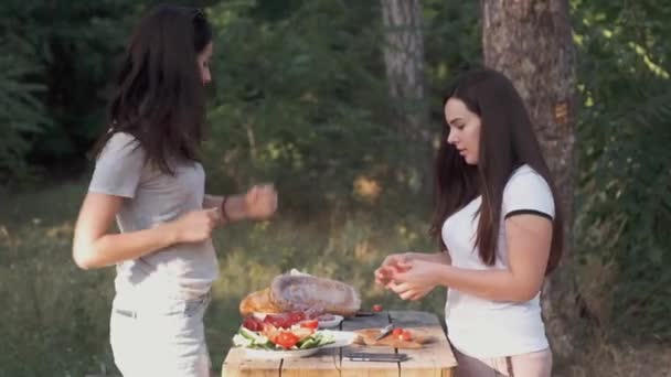 Twee jonge vrouwen buitenshuis in een goed humeur dansen bereiden van voedsel voor een picknick. Vertrek naar de aard van een vriendelijk en leuk bedrijf. — Stockvideo