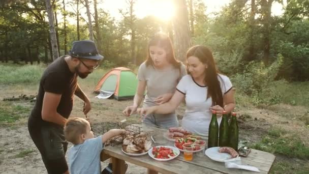 A picnic in the woods of a small group of friends with a child. — Stock Video