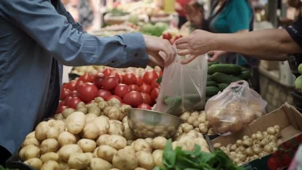 Homem em máscara coloca pepinos em saco no mercado agricultor close-up — Vídeo de Stock