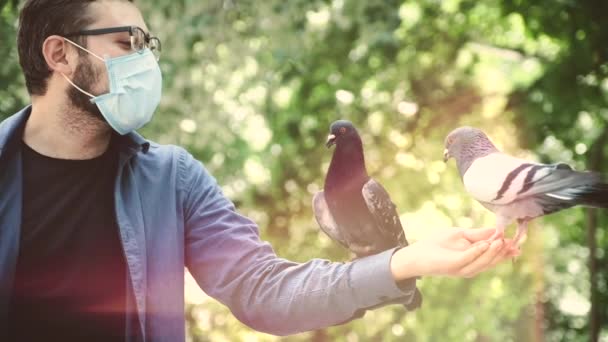Ein Mann in medizinischer Maske hält eine Taube auf der Hand — Stockvideo