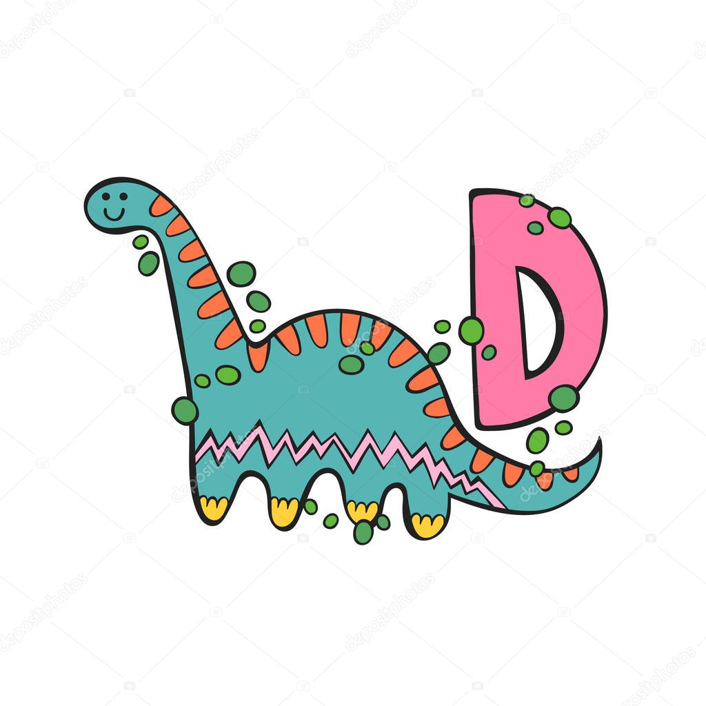 English letter D. Dinosaur. Isolated vector object on white background.