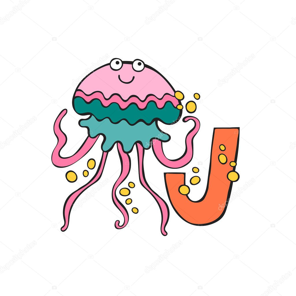 English letter J. Jellyfish. Isolated vector object on white background.