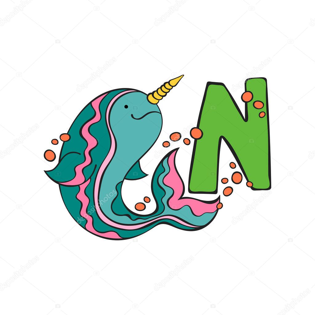 English letter N. Narwhal. Isolated vector object on white background.
