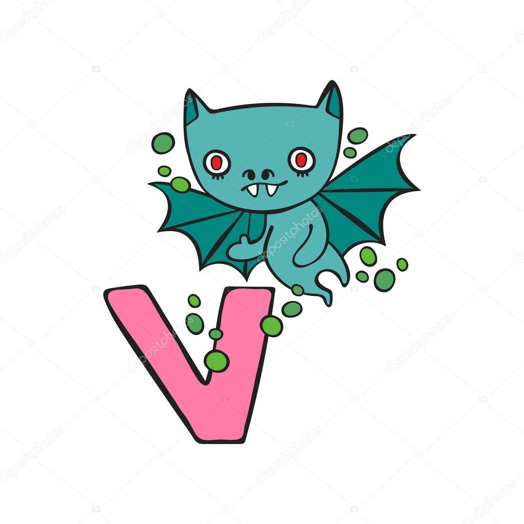English letter V. Vampire. Bat. Isolated vector object on white background.