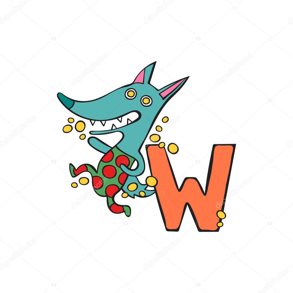 English letter W. Wolf. Isolated vector object on white background.