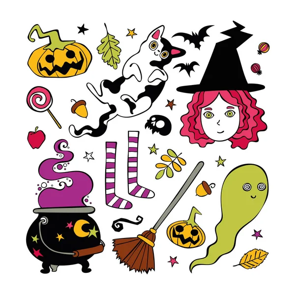 Halloween Set Witch Ghost Broom Bat Isolated Vector Objects White — Stock Vector