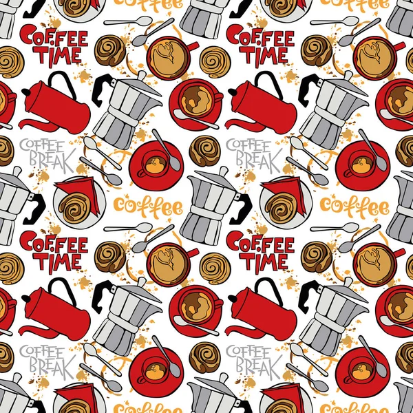 コーヒー コーヒー ポットとカップ シームレス パターン — ストックベクタ