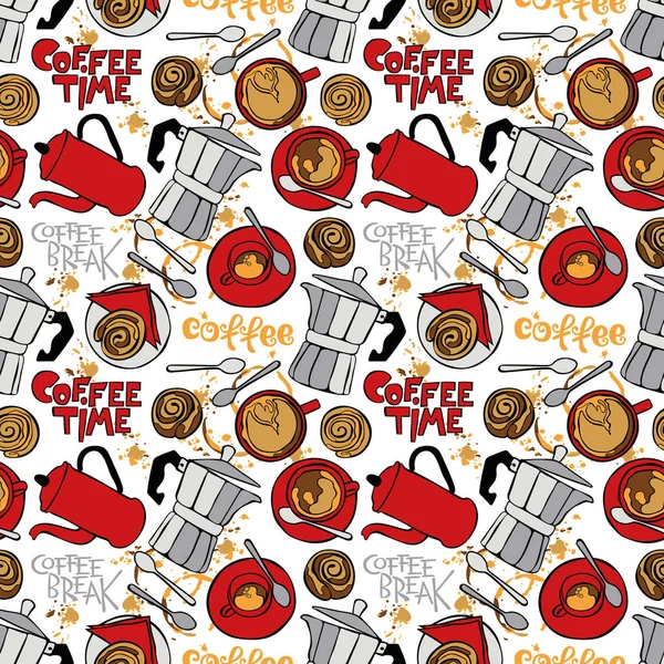Coffee. Coffee pot and cups. Buns. Seamless vector pattern (background).