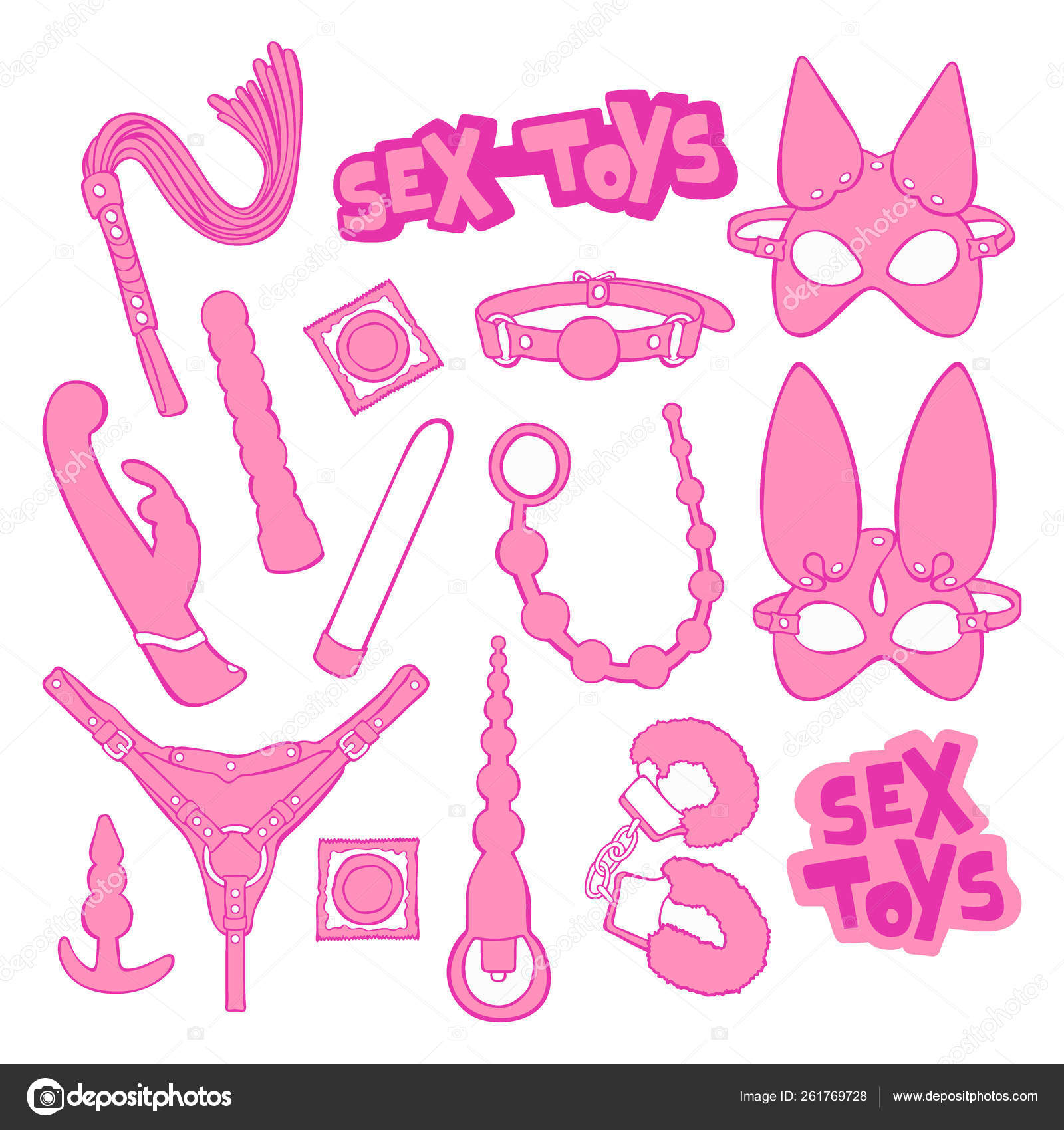 Brinquedos Sexuais Vibrador Algemas Preservativos Máscaras Couro Preparado  Objetos Vetoriais Vetor de ©EwaNew 261769728