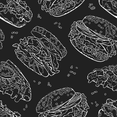 Fast food. Hamburger, Sosisli sandviç, yumurtalı sandviç, pizza dilimi. Dikişsiz vektör deseni (arka plan, baskı).