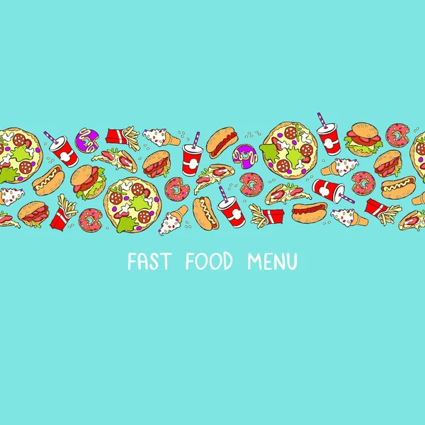 Fast Food Menu Hamburger Pizza Milkshake Donuts Rand Naadloos Patroon — Stockvector