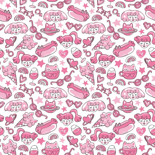 Girls Cat Hotdog Ice Cream Stars Doodle Seamless Vector Pattern — Stock Vector