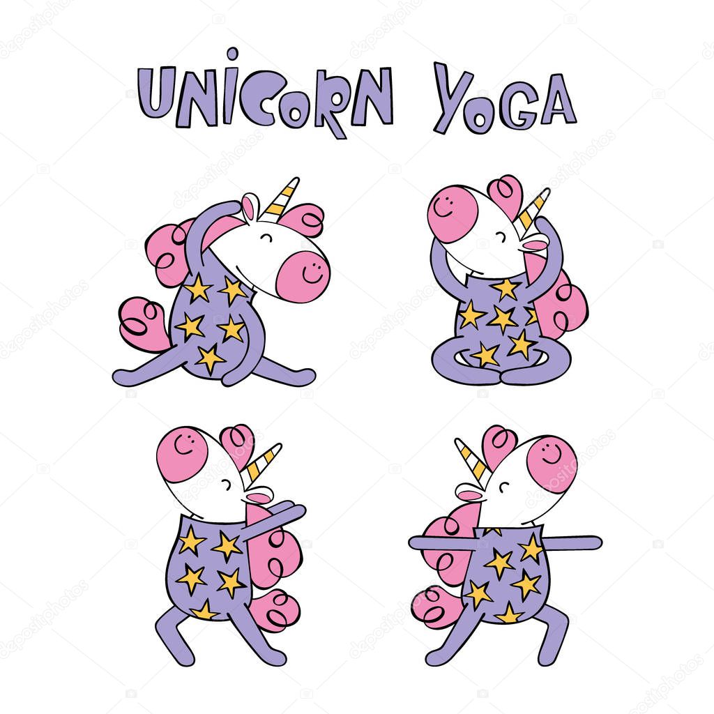 Cute unicorns. Sports - Yoga. Poses and asanas. Set. Isolated vector objects on white background.