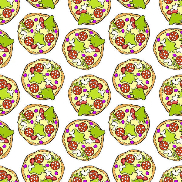 Pizza Cartoon Afdrukken Naadloos Vector Patroon Achtergrond — Stockvector